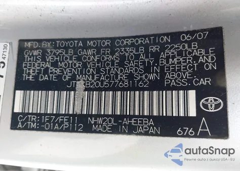 2007 Toyota Prius from USA, damaged, VIN JTDKB20U577681162